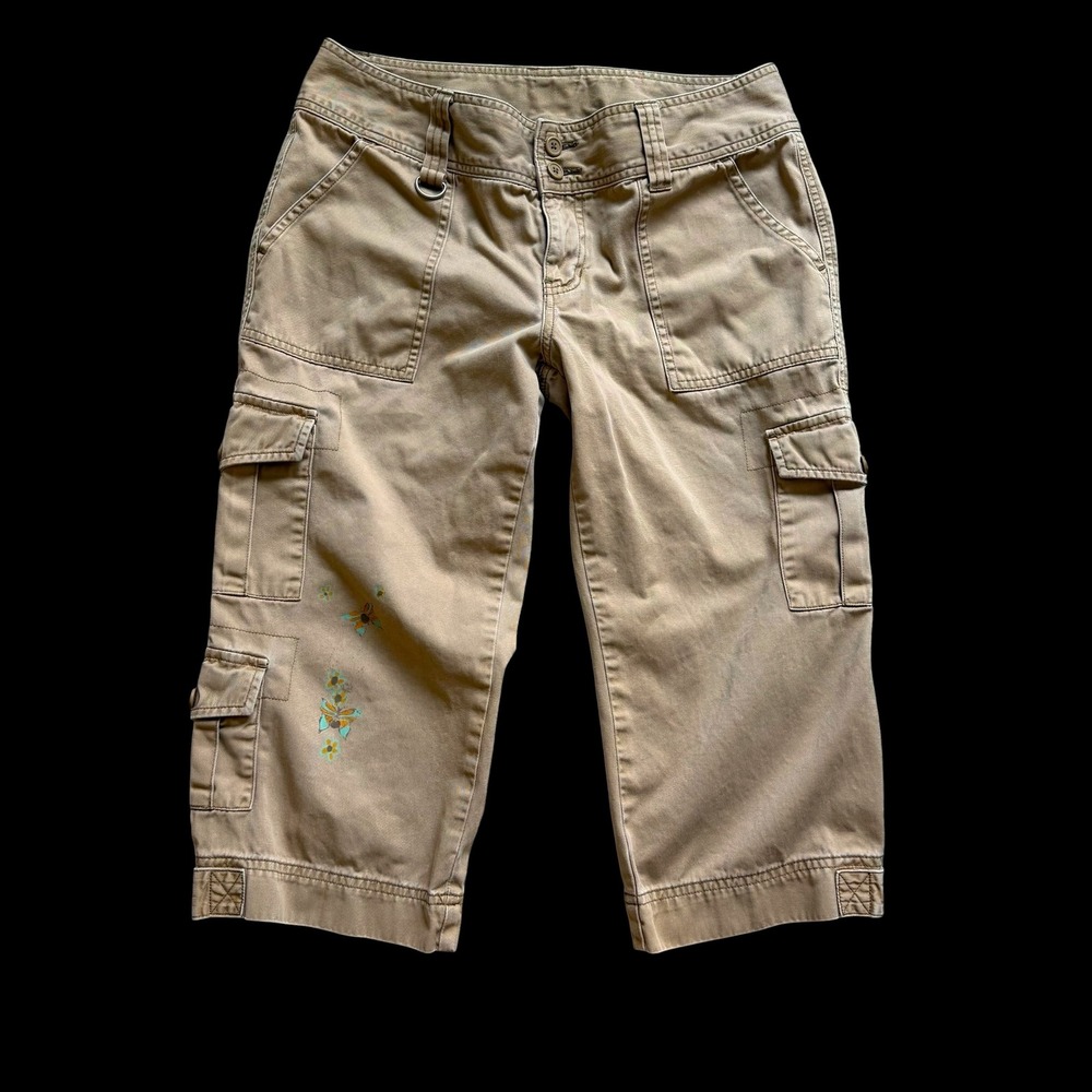 Y2K Ocean Pacific OP Khaki Utility Cargo Capri Pants Butterfly Tan Size 11